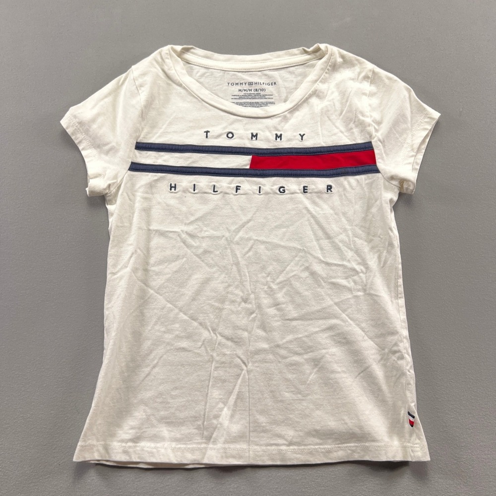 Tommy Hilfiger T Shirt Girls M 8-10 Beige Embroidered Flag Stripe Logo Cotton